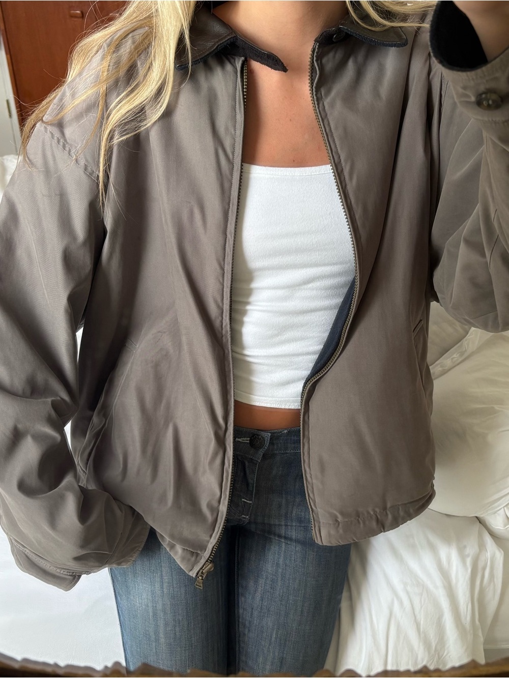 vintage bill blass Taupe Bomber harrington Jacket with leather collar